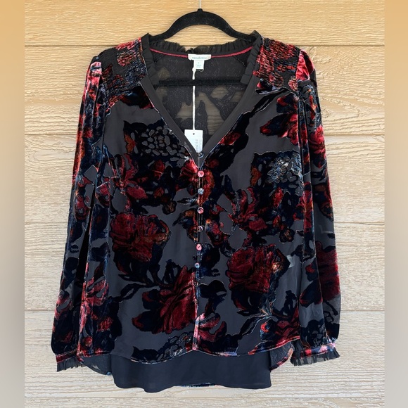 Sundance Tops - Sundance Velvet Floral Button-Down Top NWT in Red & Black Sz S